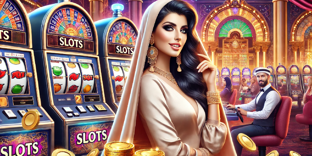 girl on the background of slots in online casino